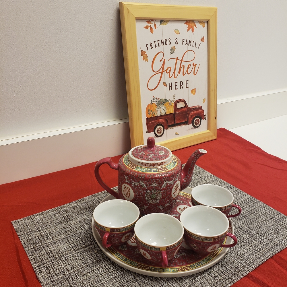 Red and White Teapot Set with Cups